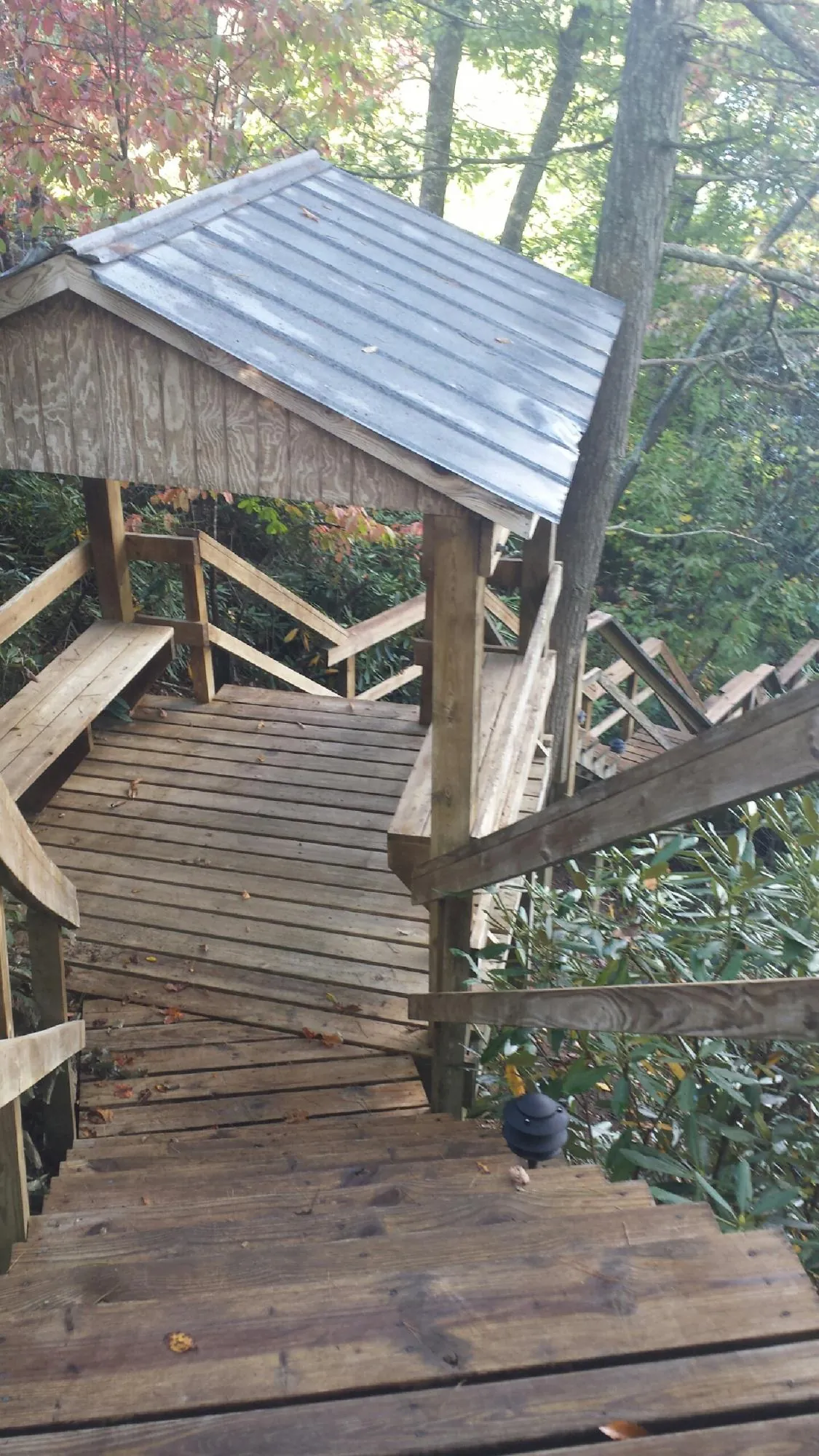 Metal roofed shelter over wooden steps on a wooded walkway — Skylight Repair & Installation work by our crew in Pleasant Shade